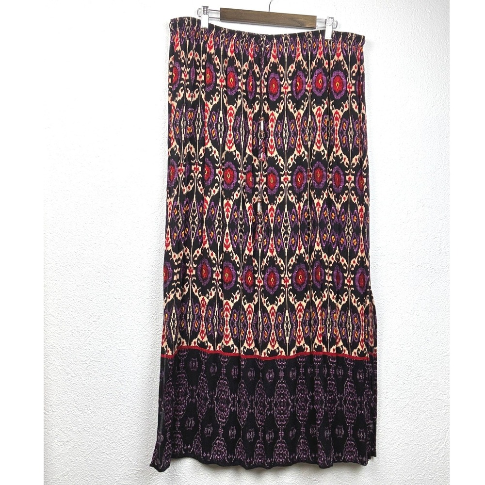 C.J. Banks Purple Ikat Tribal Rayon Maxi Skirt - XL- Elastic Waist Boho Festival